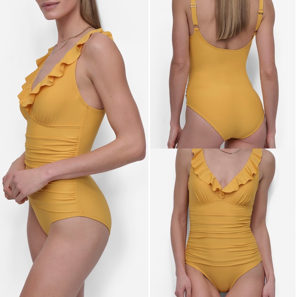 DKNY Ruffle Plunge One-Piece Swimsuit Yellow - Picture 13 of 13